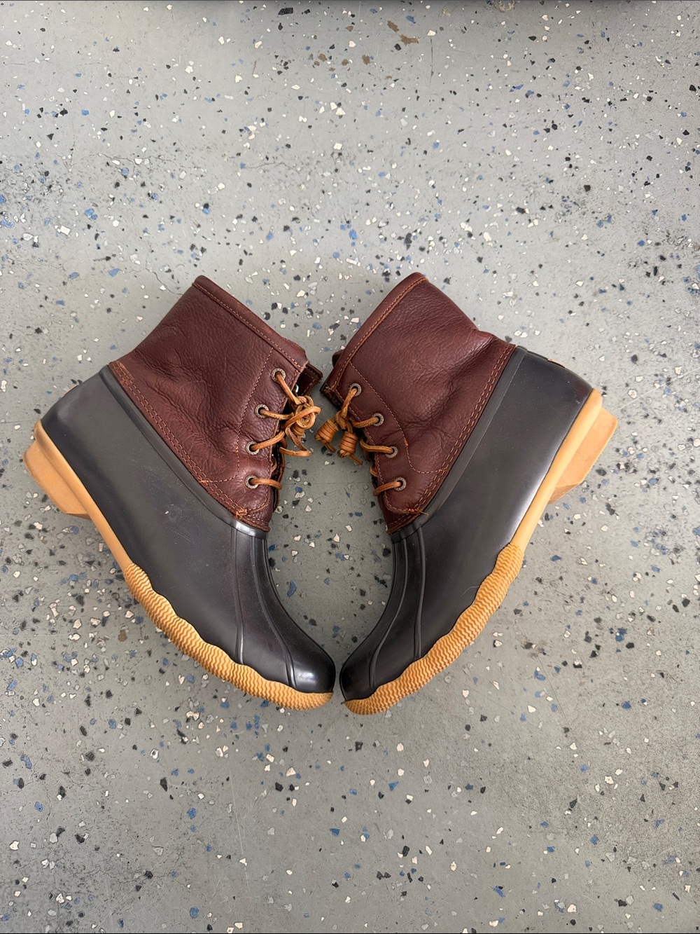 Sperry Brown Leather and Black Rubber Duck Boots with Tan Sole